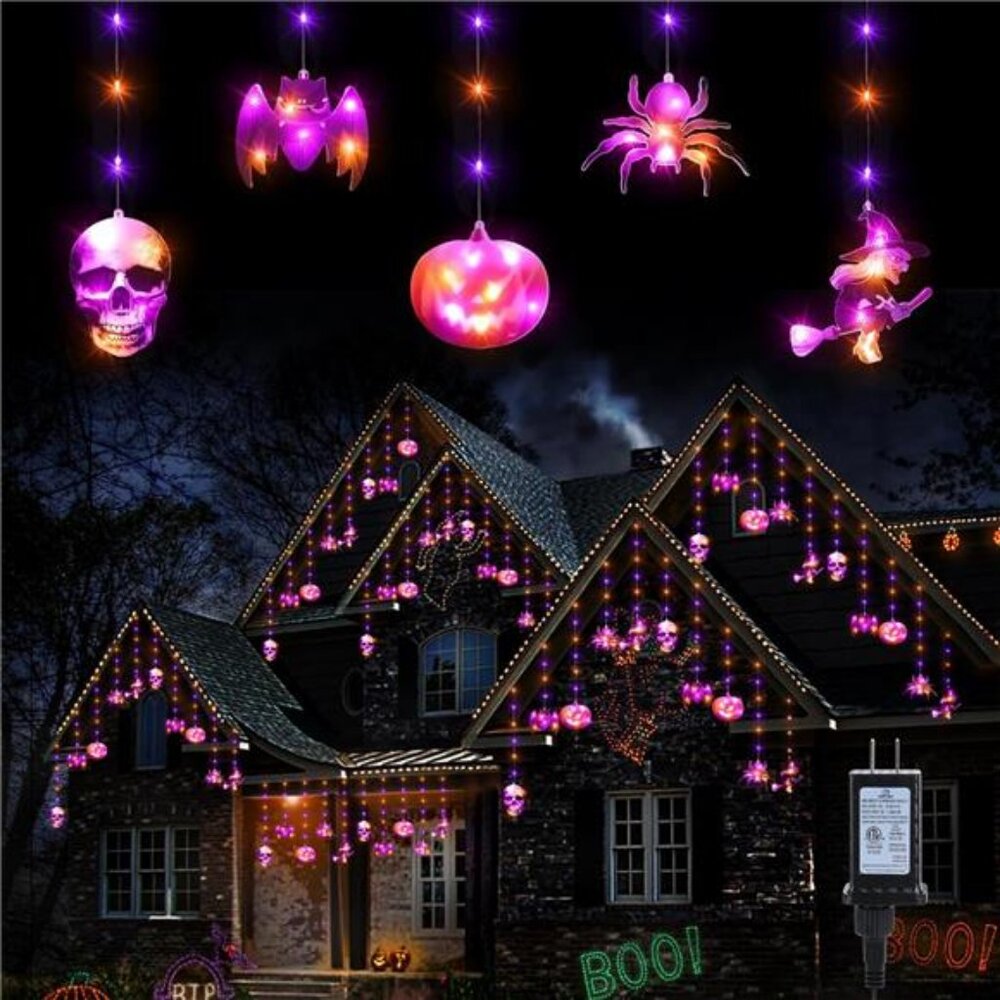 Halloween Icicle Lights, 14.8ft 108LED Purple Orange Lights with 10 Ornaments